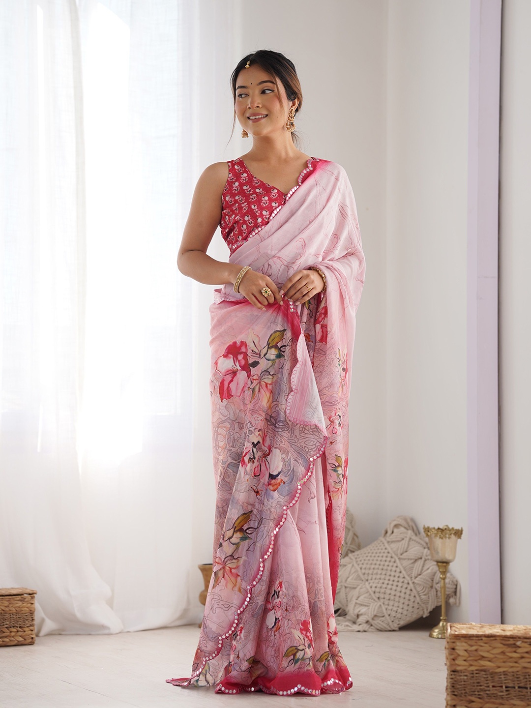 

KSM PRINTS Floral Mirror Work Organza Saree, Pink