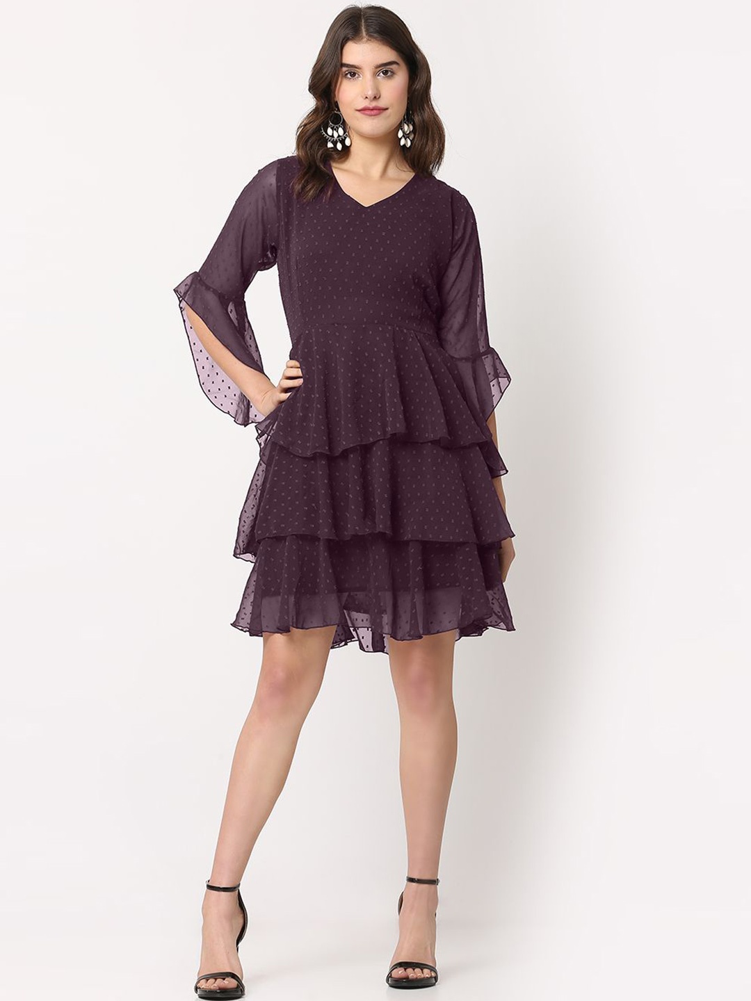 

FLOREOS Women Bell Sleeve Ruffled Georgette Fit & Flare Dress, Purple