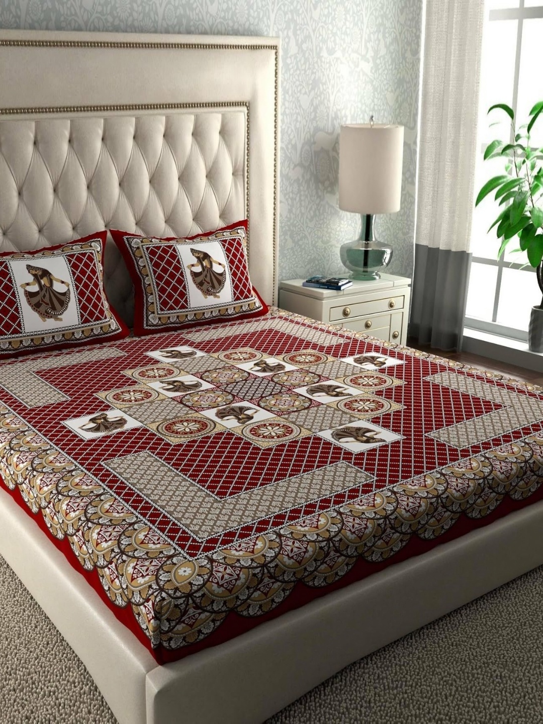 MAGICAL Maroon And Brown Geometric Printed 104 TC Cotton Queen Bedsheet Set