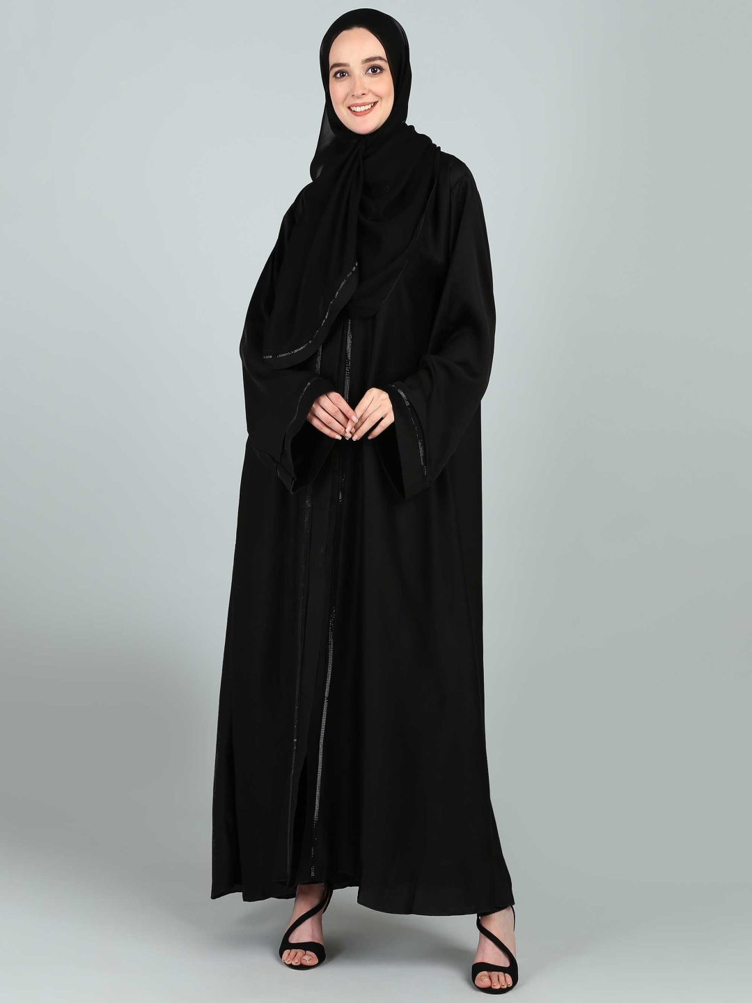 

BROKE BRAND Front Open Abaya Burqa With Lace Details, Black