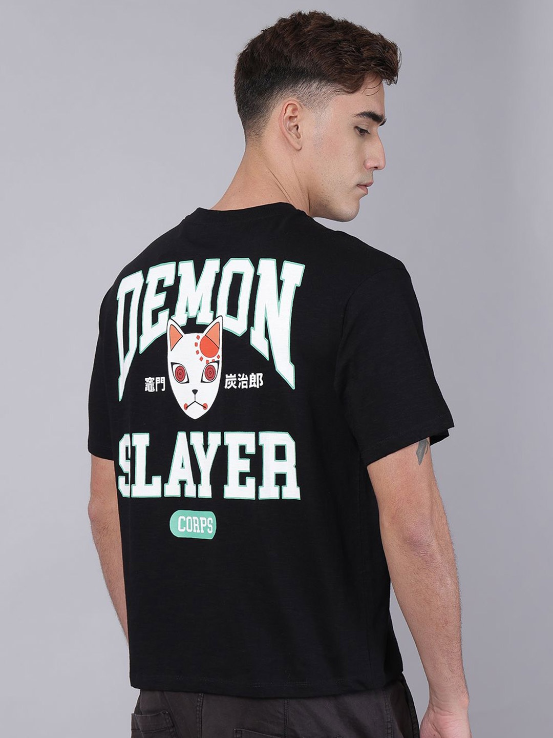 

Free Authority Men Demon Slayer Printed Round Neck Oversized Cotton T-shirt, Black