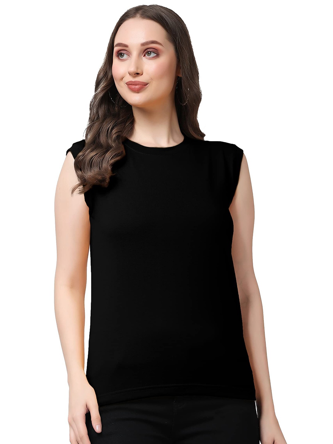 

NOTWILD Women Solid Round Neck Cotton Relaxed Fit T-shirt, Black