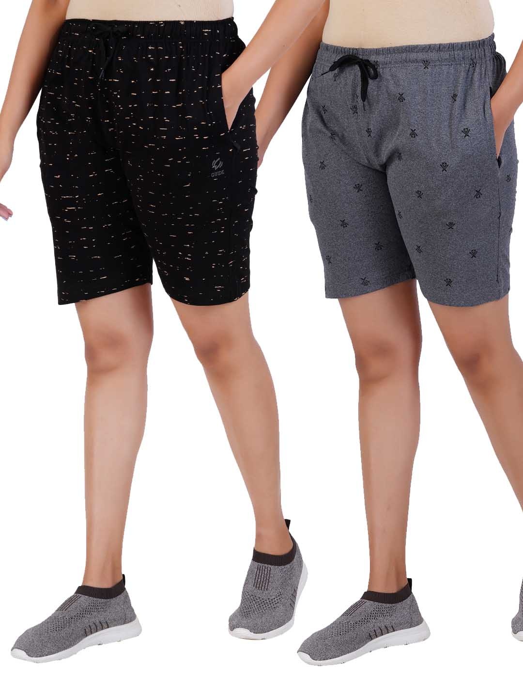 

GUIDE Women Pack Of 2 Printed Regular Fit Shorts, Black