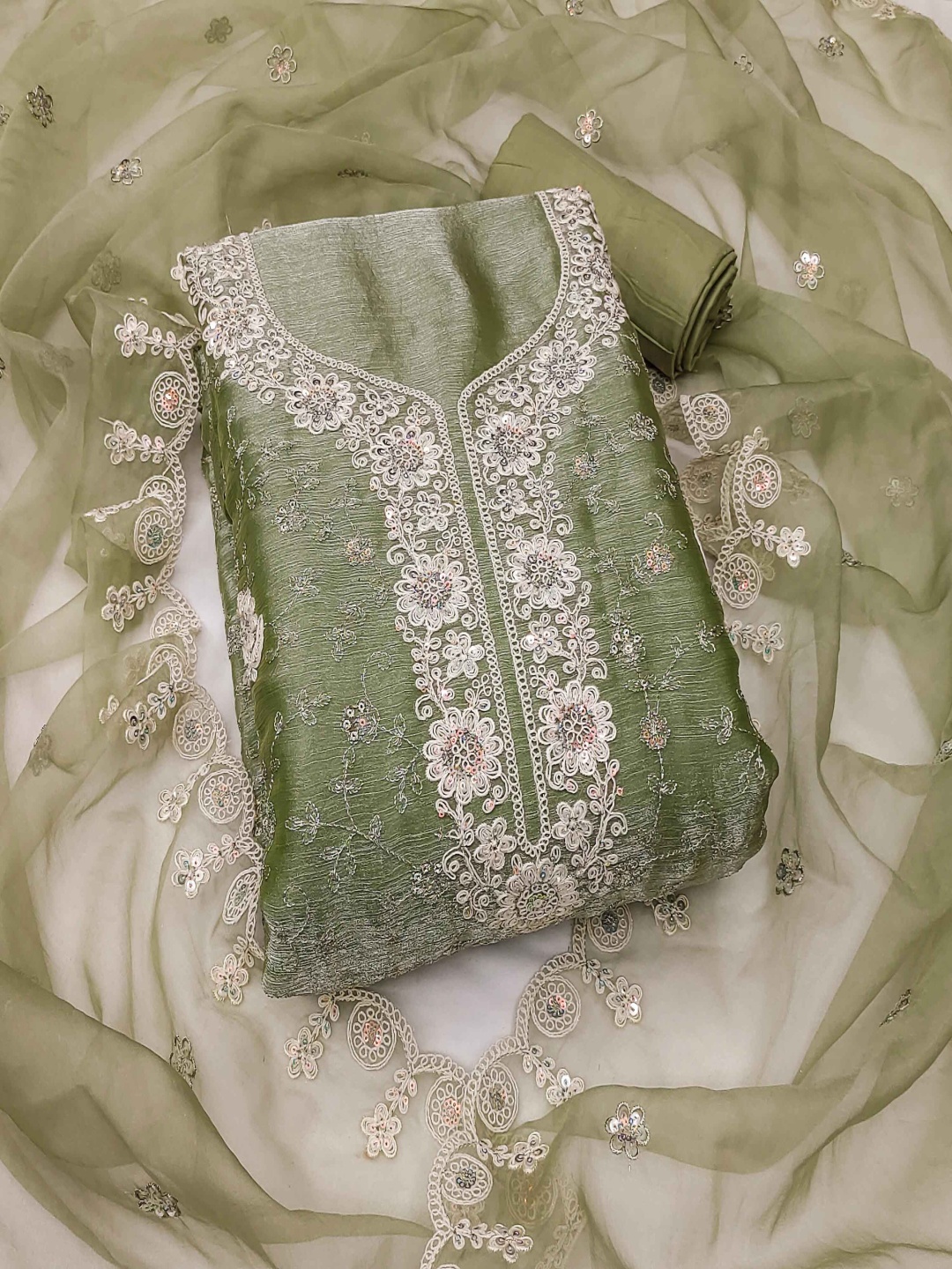 

HERE&NOW Embellished Unstitched Dress Material, Sea green