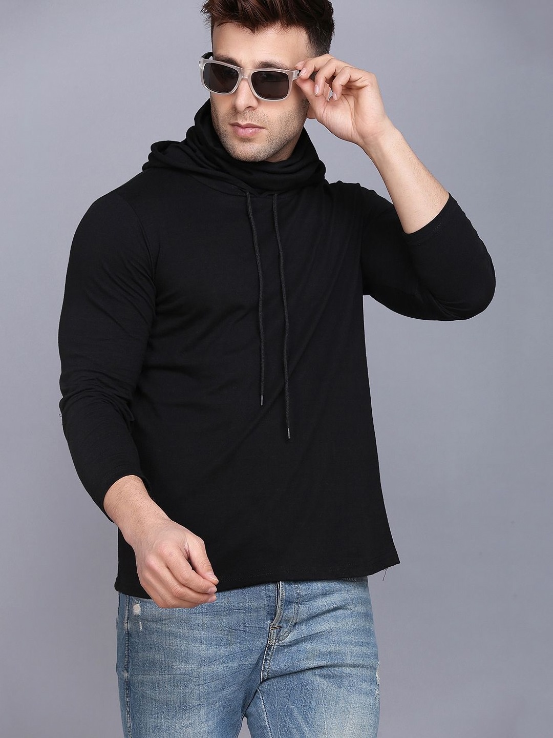 

WOOSTRO Men Solid Hooded Slim Fit T-shirt with Mask, Black