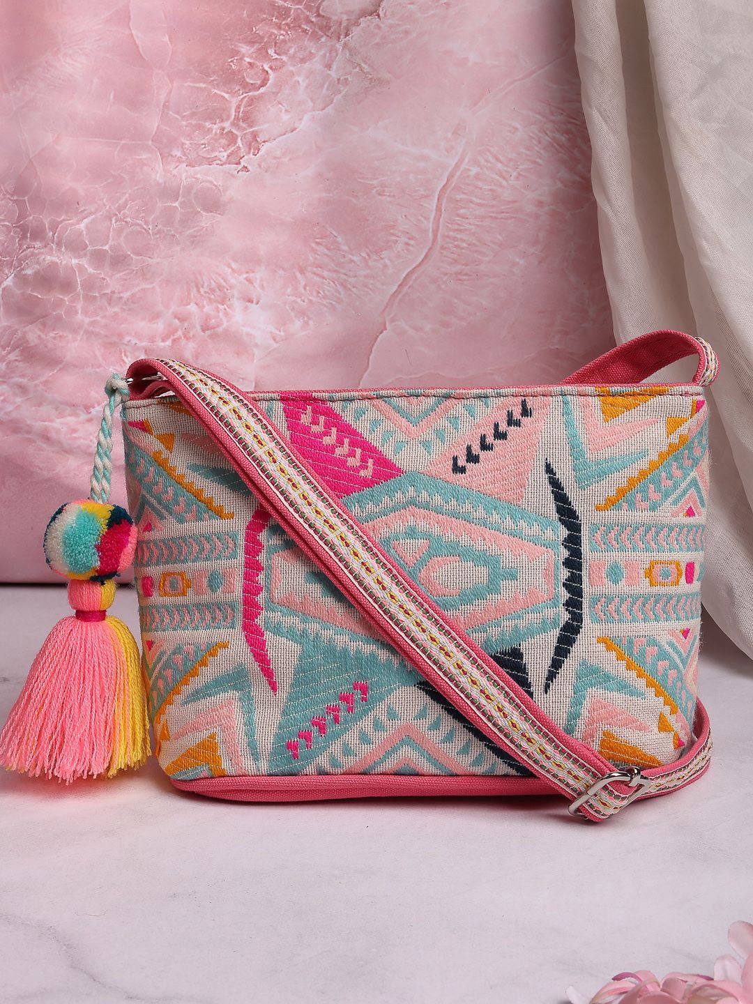 

Anekaant Ethnic Motifs Lace Sling Bag with Tasselled, Pink