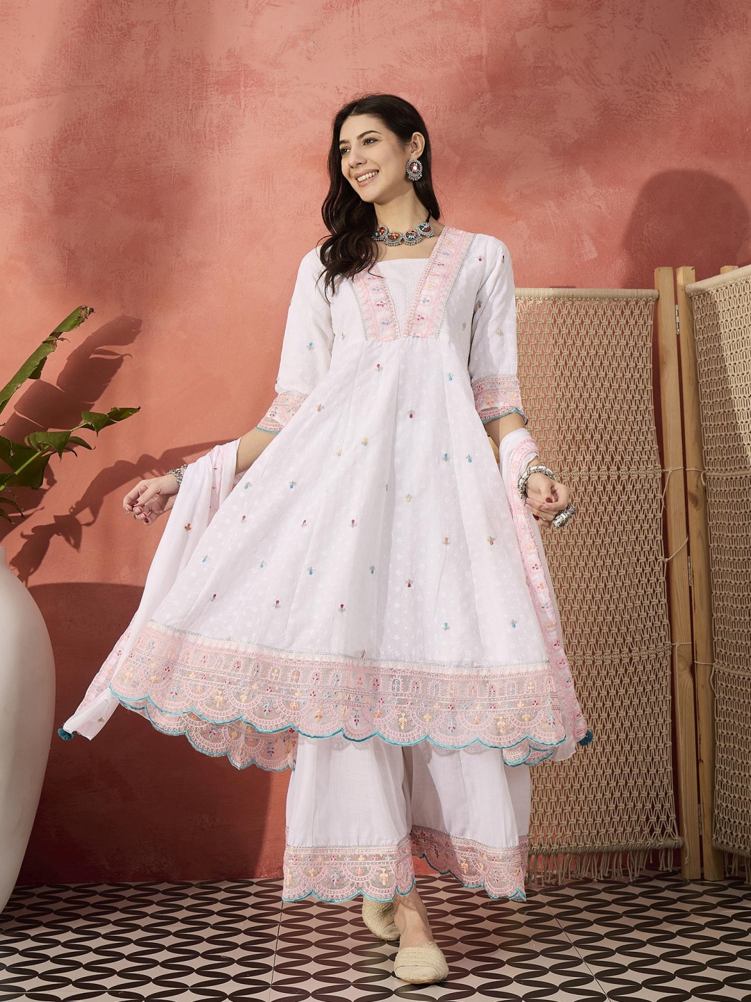 

Ramas Floral Embroidered Sequinned Pure Cotton Kurta With Palazzos & Dupatta, White