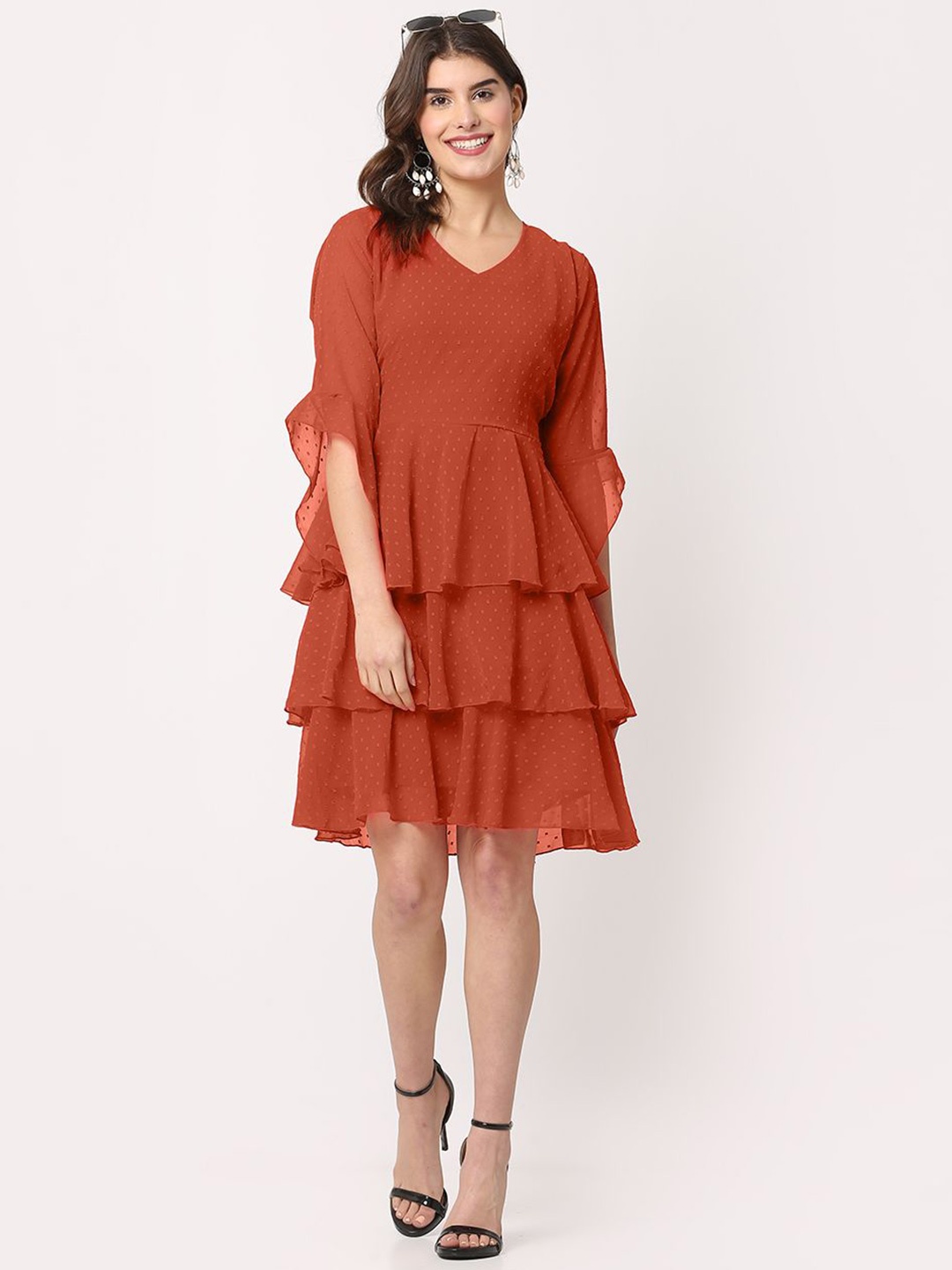

FLOREOS Bell Sleeve Layered Georgette Fit & Flare Dress, Rust