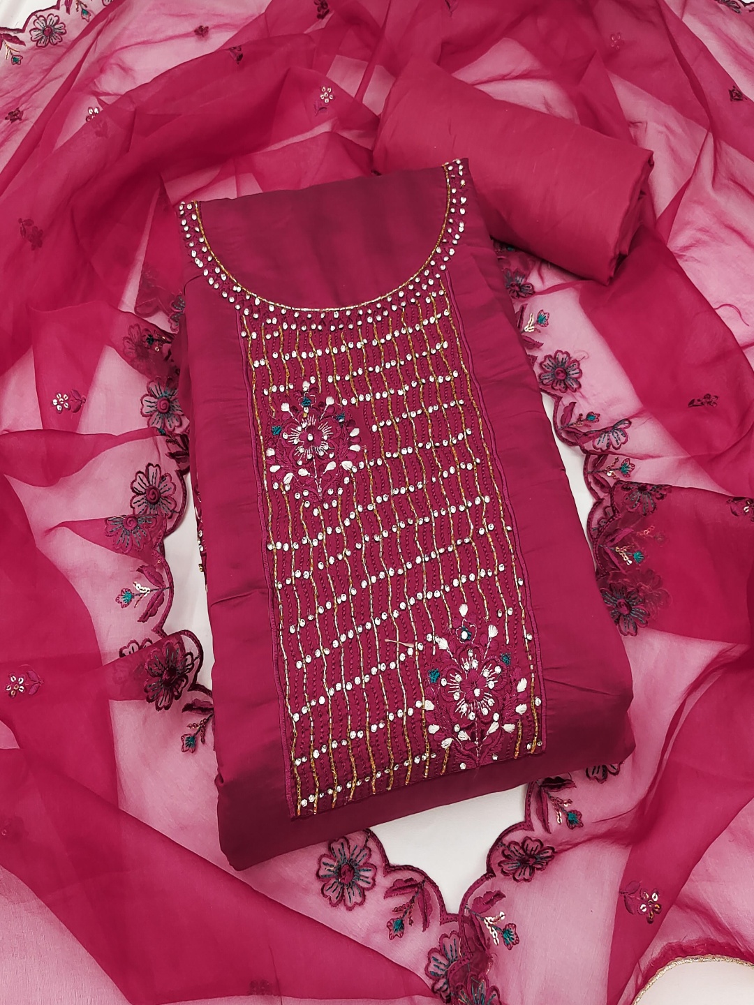 

HERE&NOW Embellished Unstitched Dress Material, Magenta