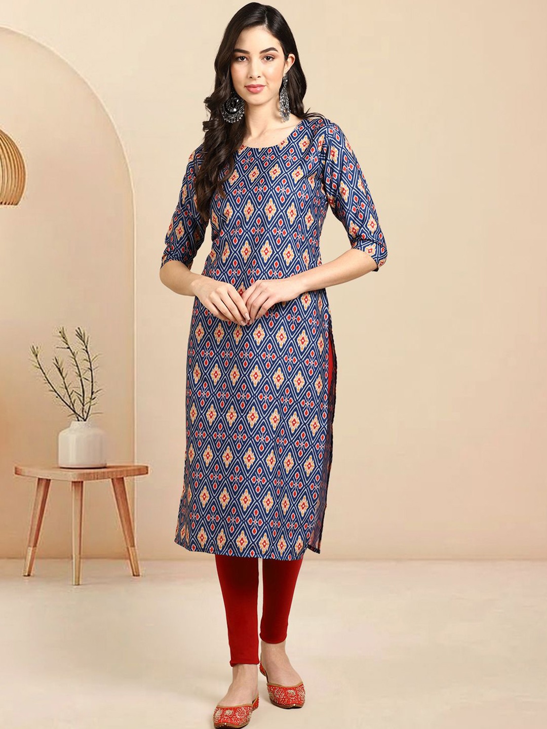 

Moda Rapido Ethnic Motifs Printed Round Neck Straight Kurta, Navy blue