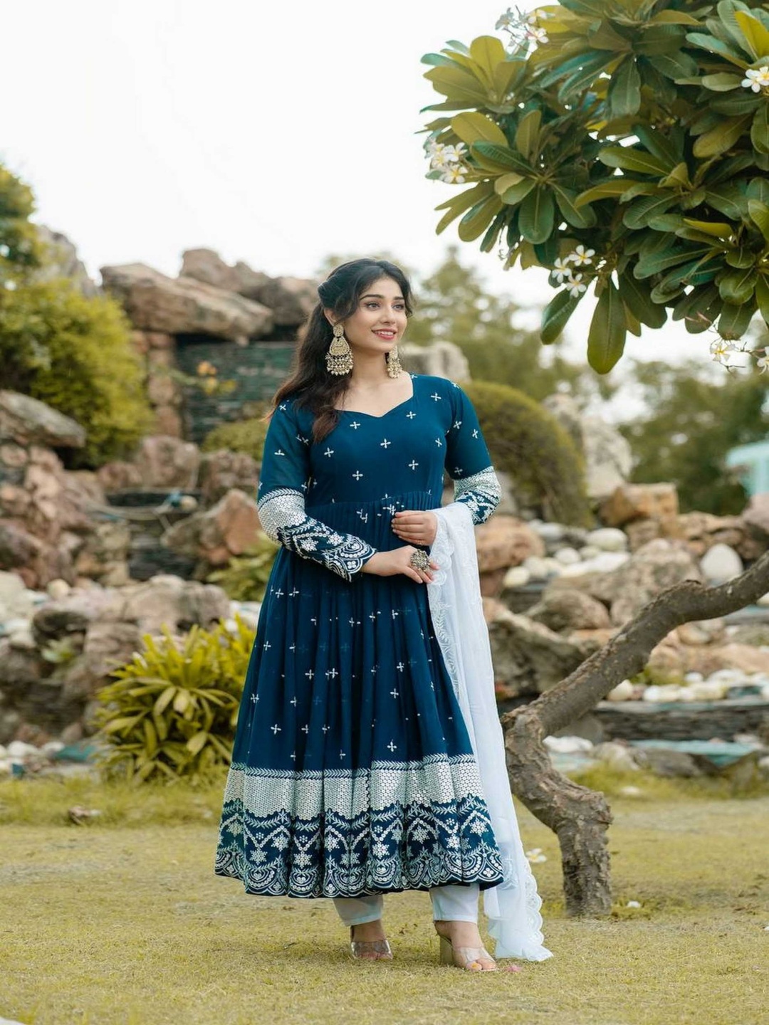 

mimi design Floral Embroidered Silk Georgette Anarkali Kurta With Trousers & Dupatta, Teal