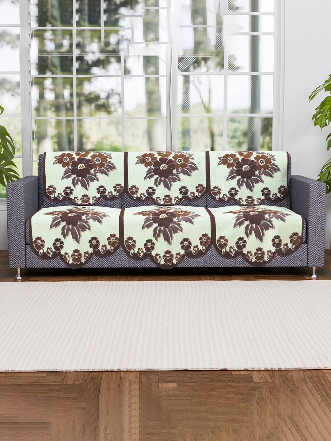 

Kuber Industries Cream-Coloured & Brown 6 Pieces Printed 3 Seater Cotton Sofa Covers