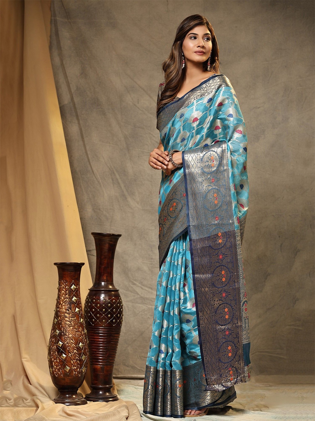 

LeeliPeeri Designer Ethnic Motifs Zari Organza Banarasi Saree, Blue