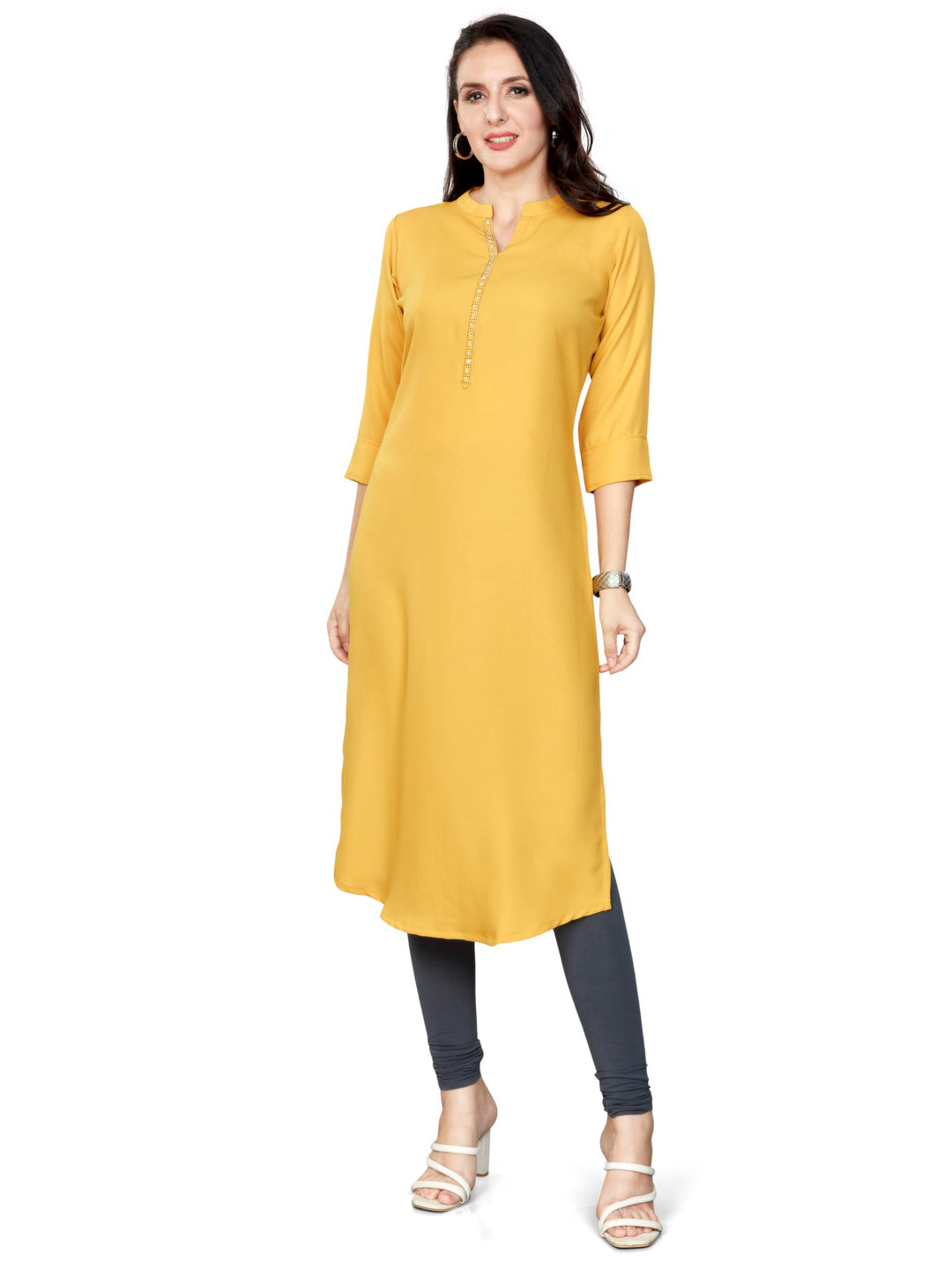 

Nioni Swarovski Mandarin Collar Dobby Straight Kurta, Mustard