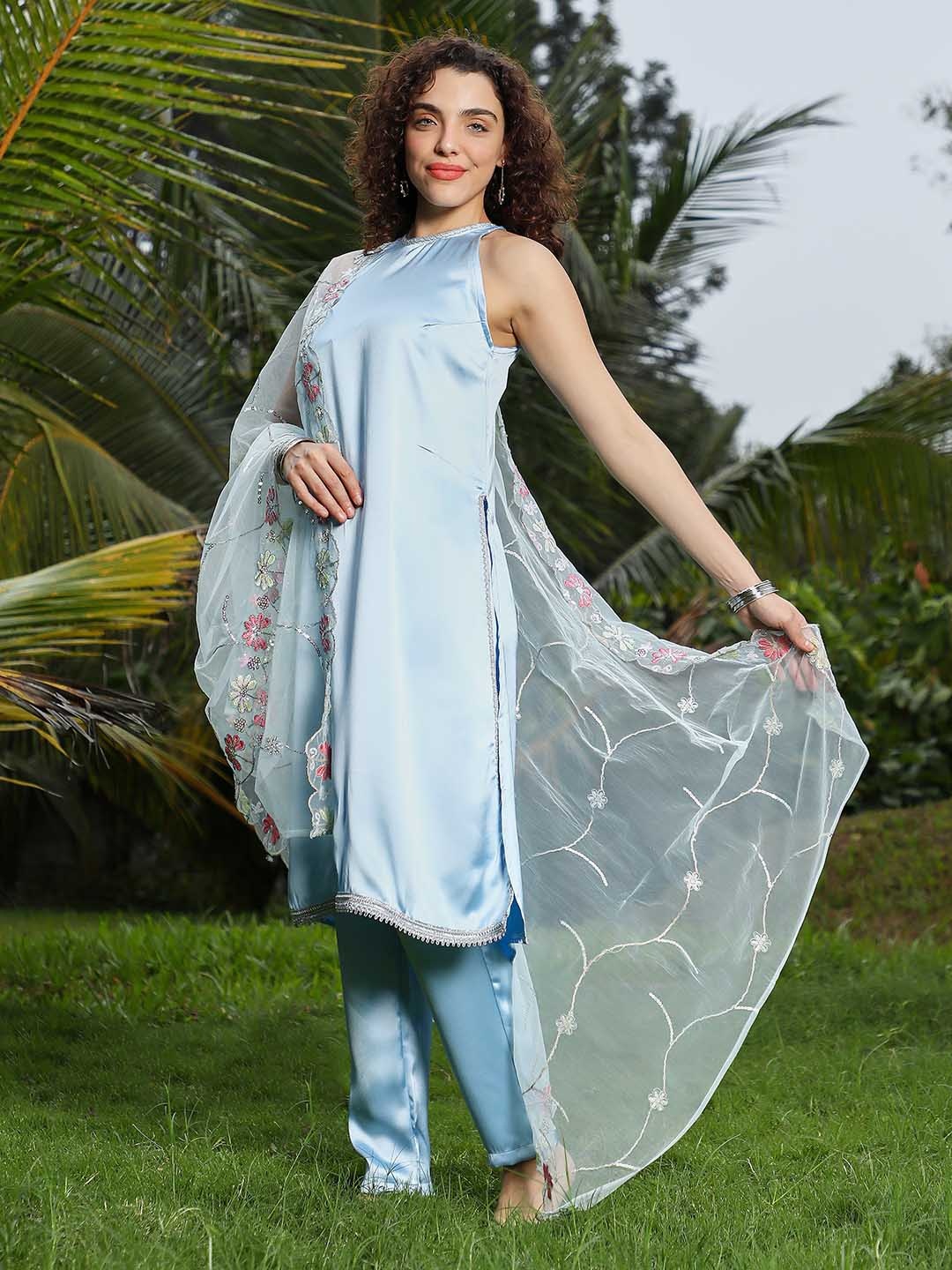 

QISSA Halter Neck Satin Straight Kurta with Trousers & Dupatta, Blue