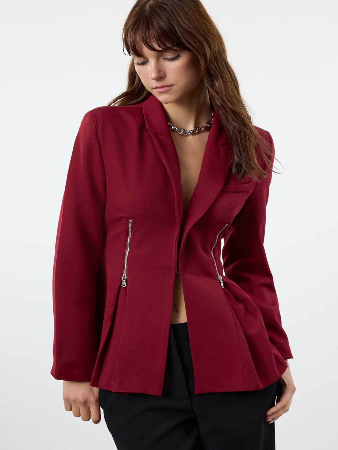 

Trendyol Women Lapel Collar Solid Casual Tailored Jacket, Maroon