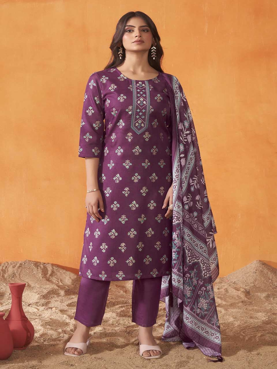 

Anouk Floral Printed Thread Work Straight Kurta with Trousers And Dupatta, Purple