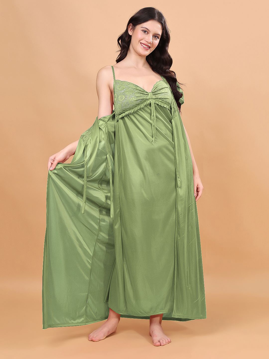 

NIGHT KEYS Women Satin Maxi Nightdress, Green