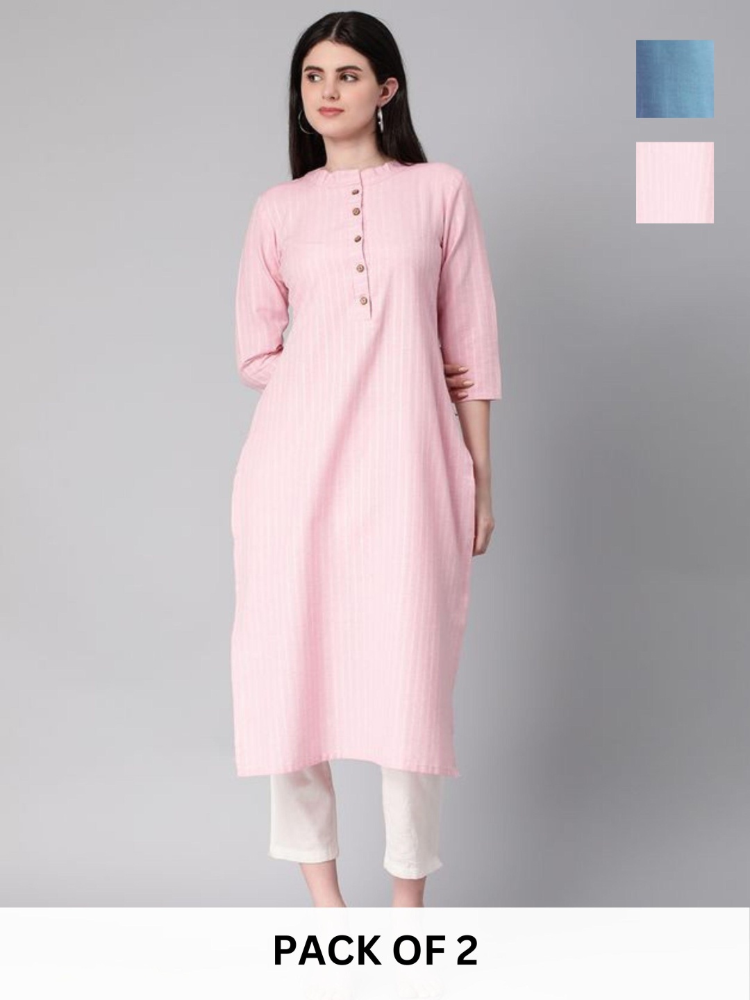 

KALINI Selection Of 2 Striped Round Neck Straight Kurtas, Pink
