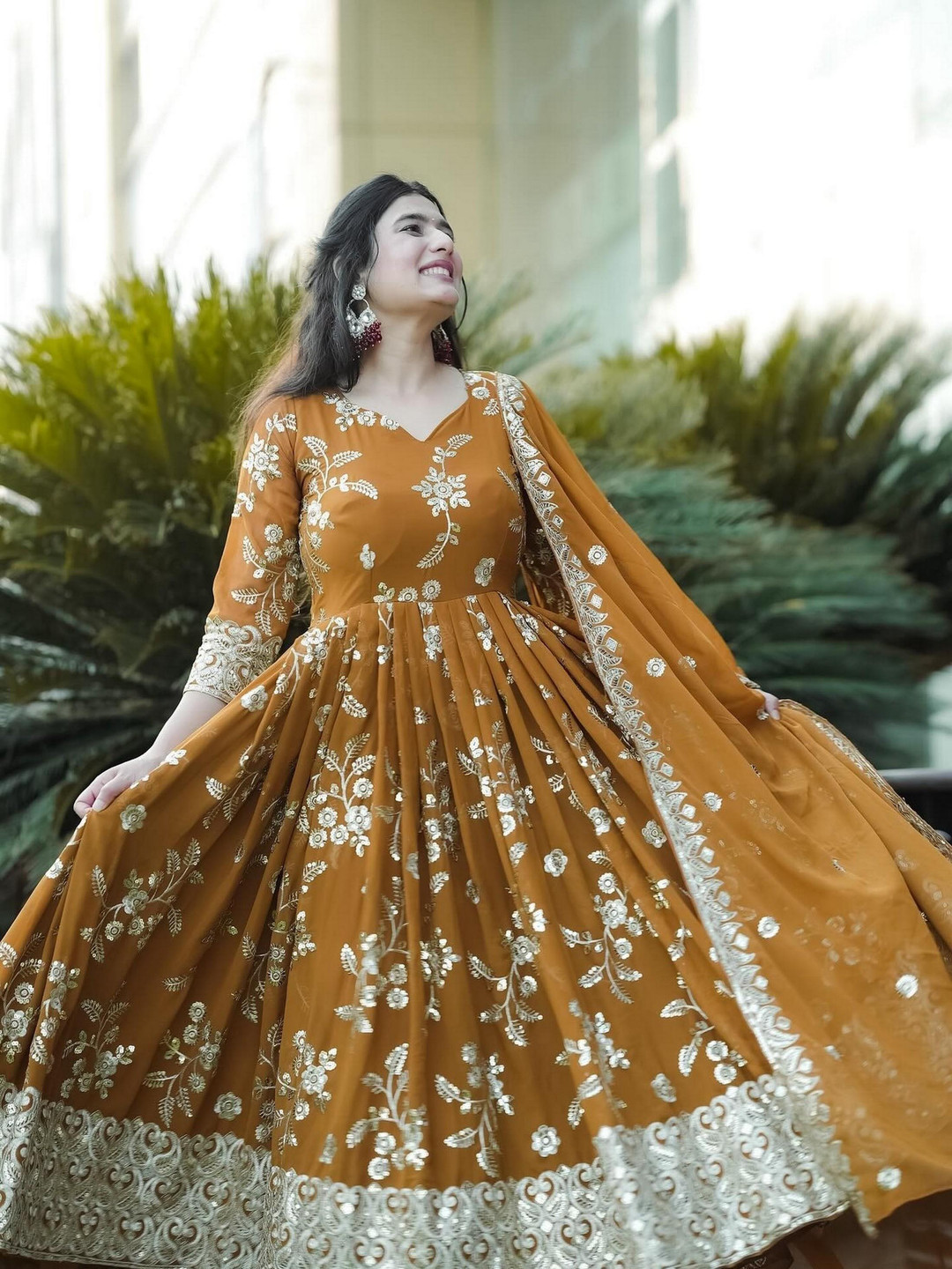 

mimi design Floral Embroidered Silk Georgette Anarkali Kurta With Trousers & Dupatta, Mustard