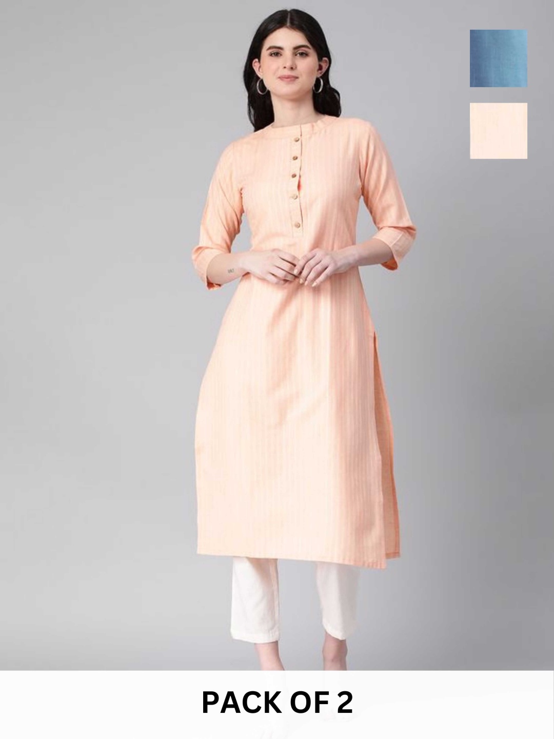 

KALINI Selection Of 2 Striped Round Neck Straight Kurtas, Peach