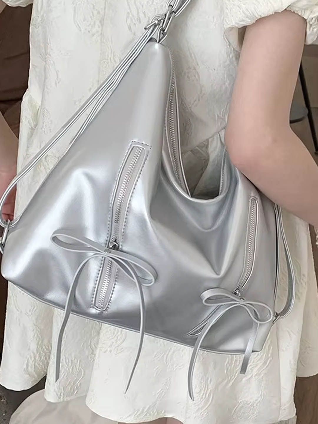 

StyleCast Bucket Shoulder Bag with Cut Work, Silver