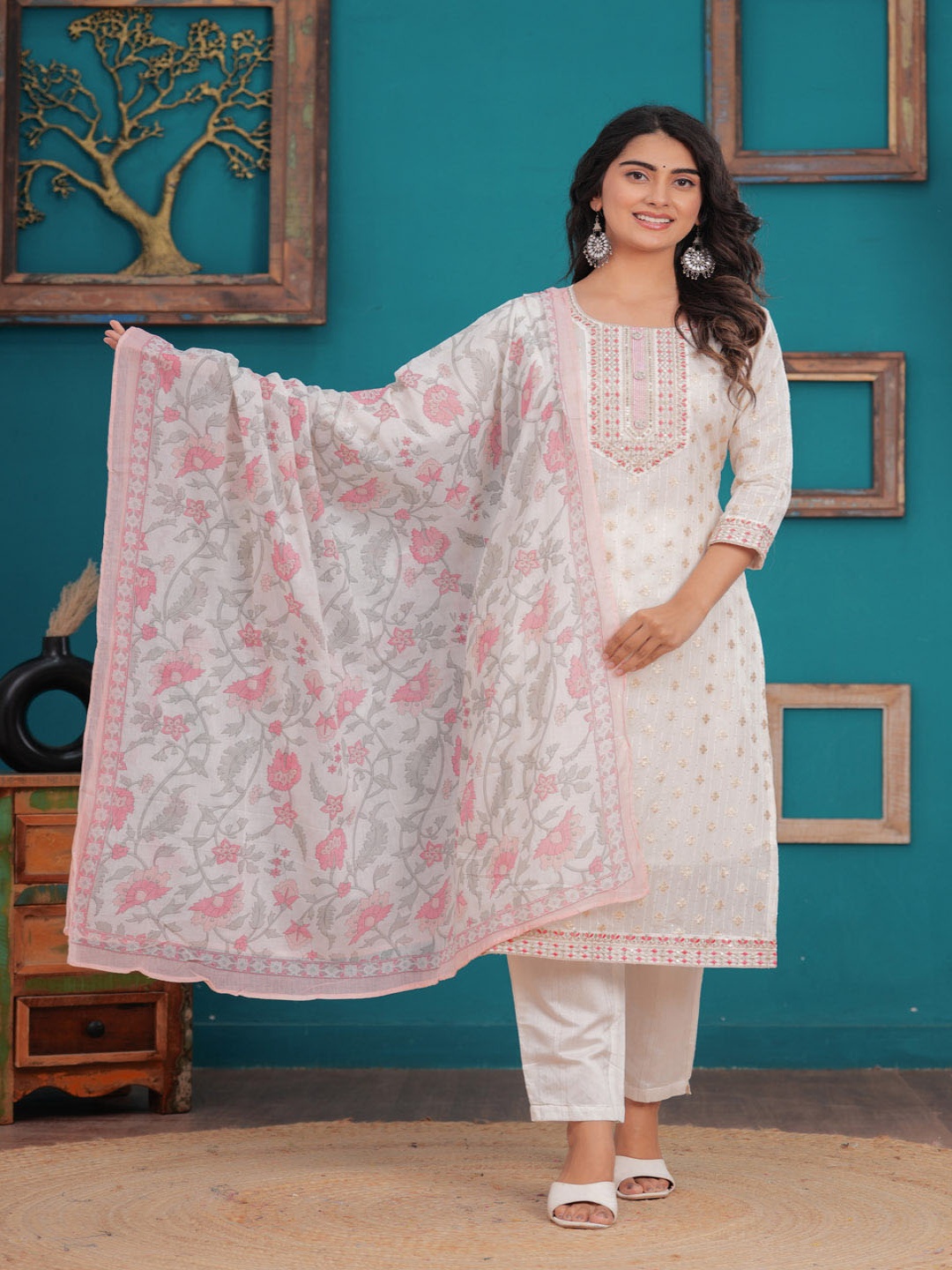 

SIKRA Floral Embroidered Thread Work Straight Kurta with Trousers & Dupatta, Cream