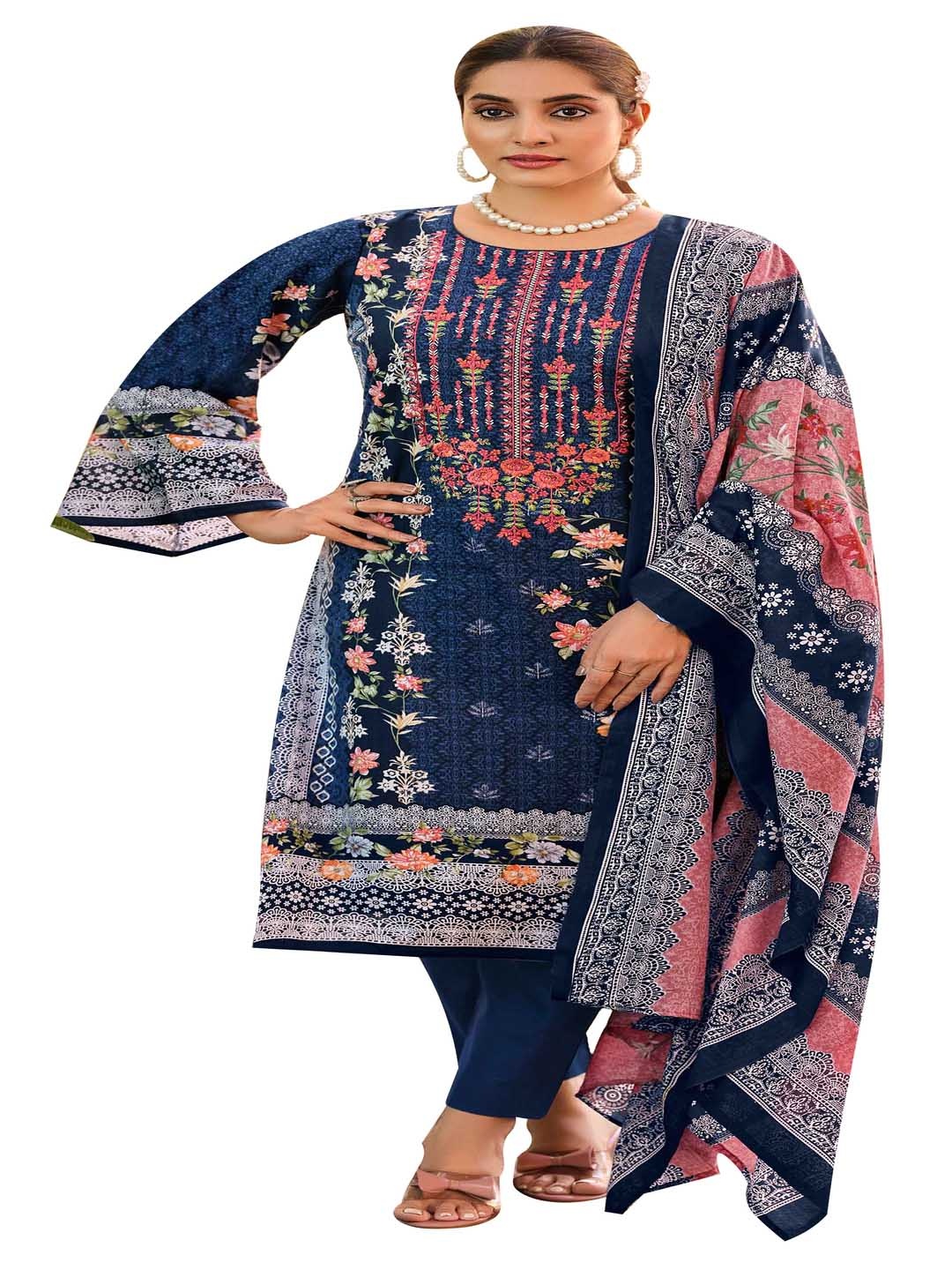 

DRAVINAM Trends Floral Embroidered Pure Cotton Unstitched Dress Material, Blue