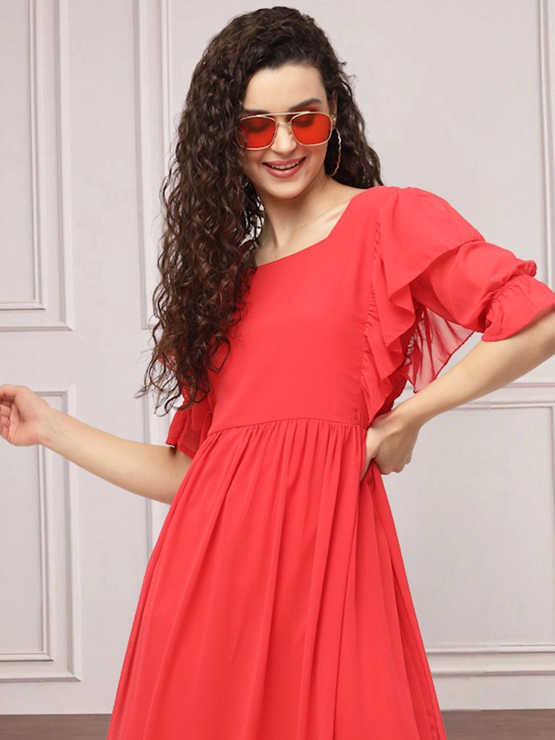 

MISS AYSE Women Square Neck Cotton Fit & Flare Dress, Red