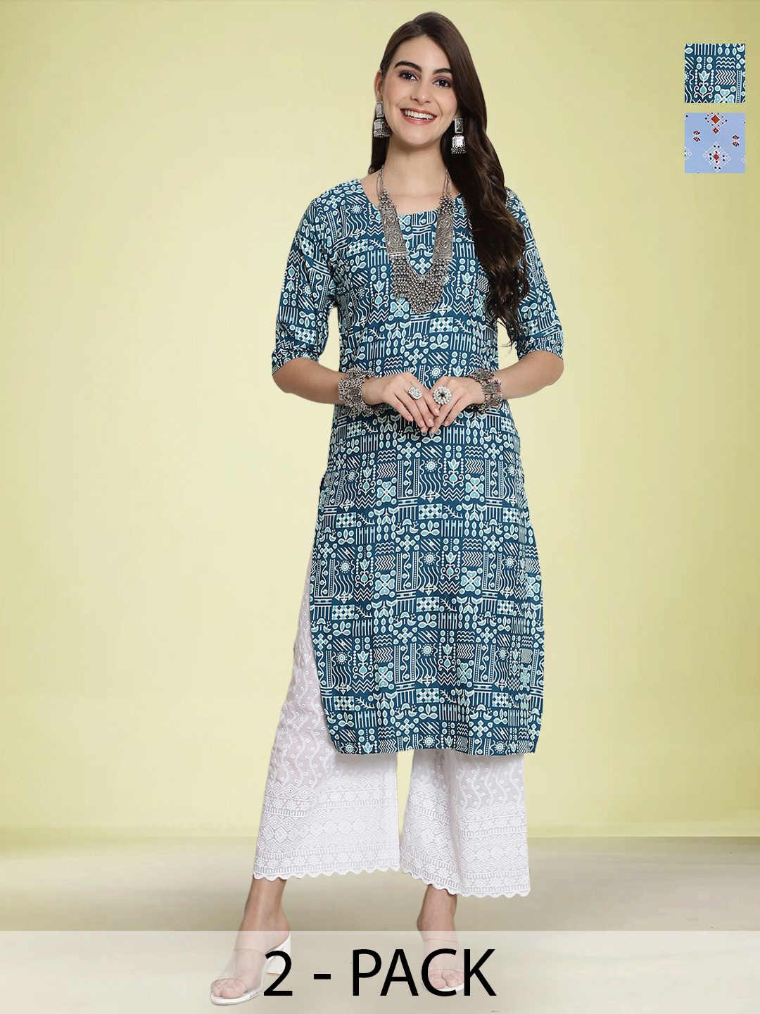 

Moda Rapido Selection Of 2 Ethnic Motifs Printed Round Neck Straight Kurtas, Teal