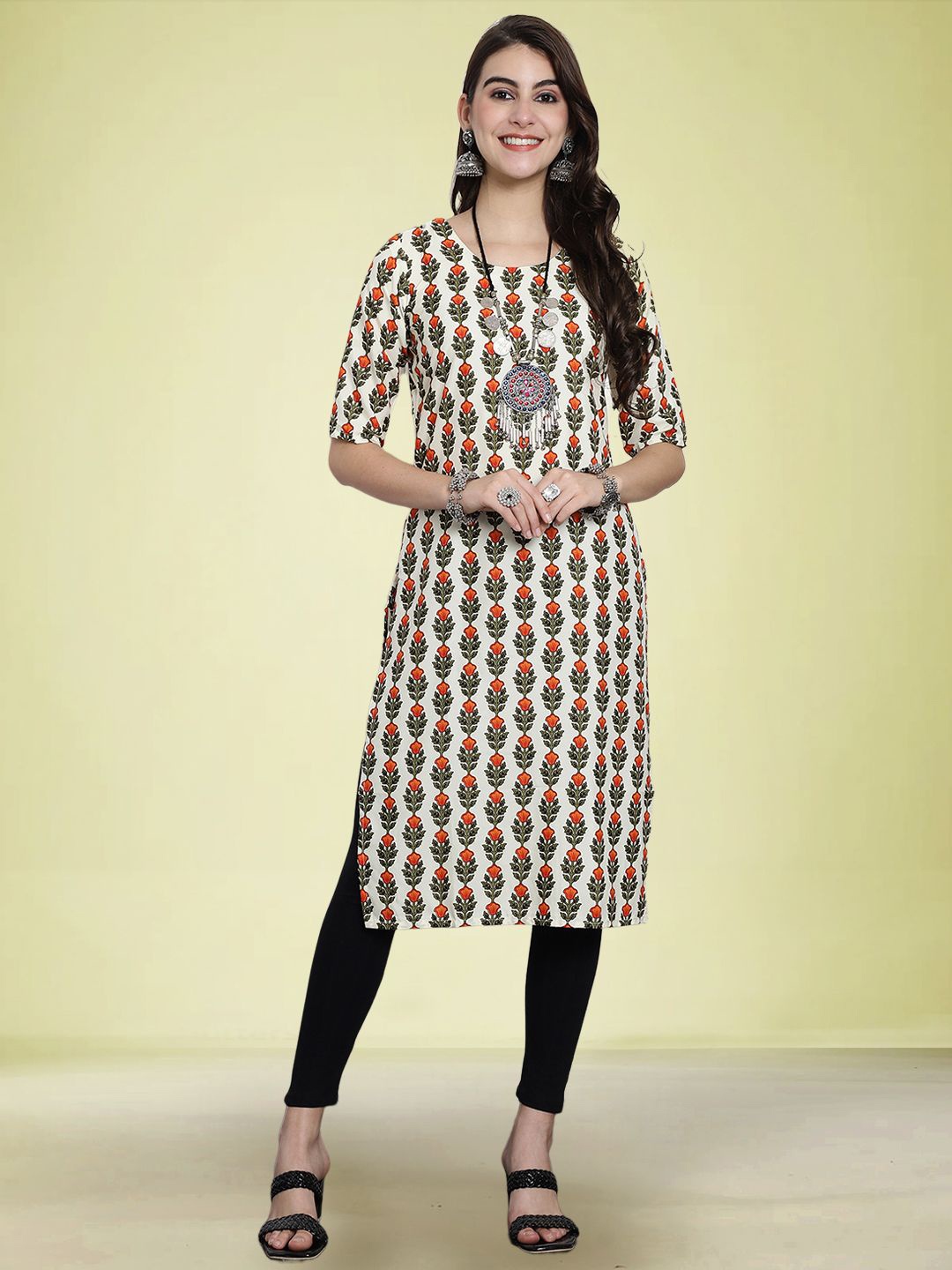 

Moda Rapido Selection Of 2 Floral Printed Round Neck Straight Kurtas, Cream