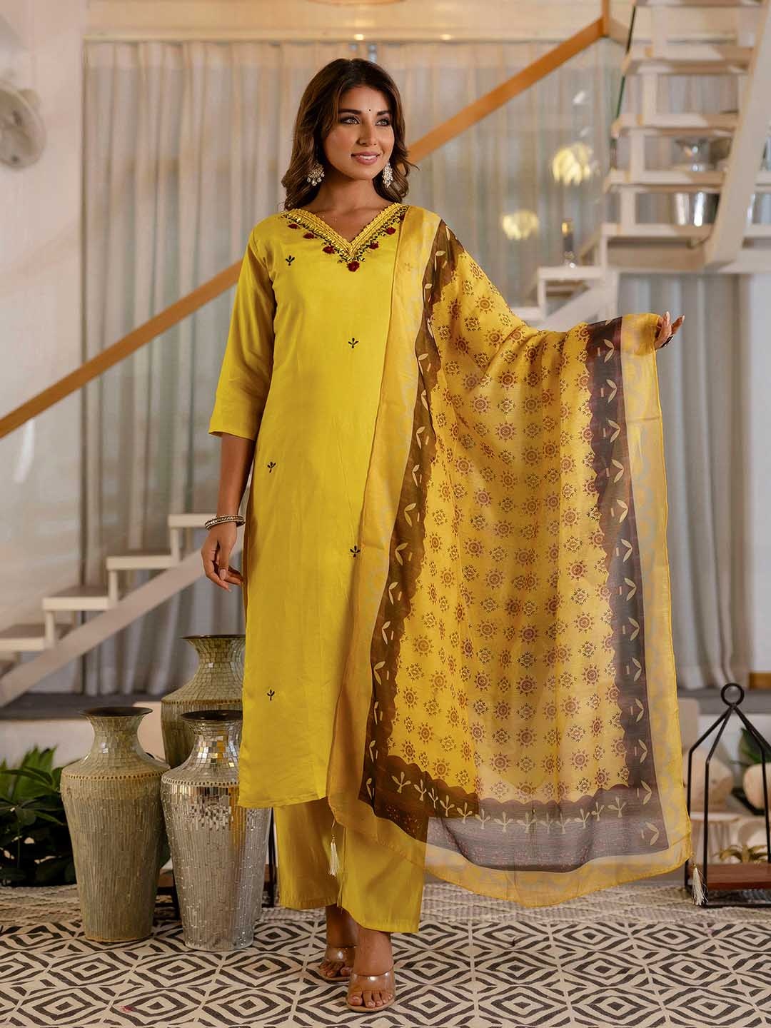 

KALINI Floral Embroidered V-Neck Straight Kurta With Trouser And Dupatta, Yellow