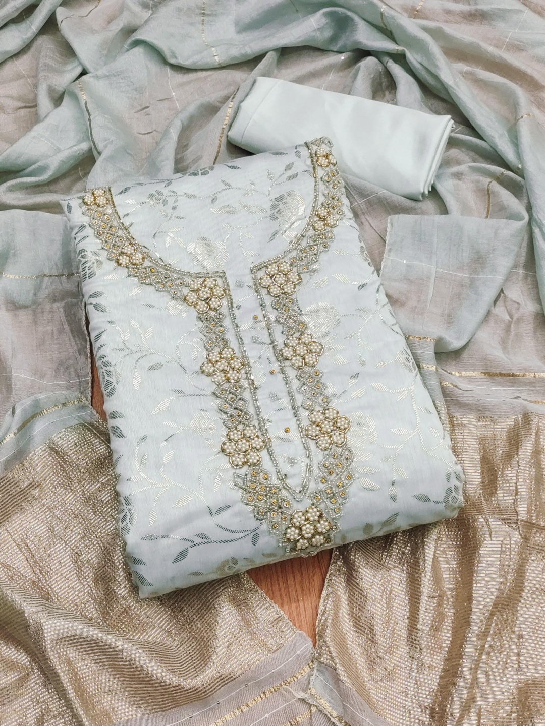 

Panzora Floral Embellished Beaded Unstitched Dress Material, Grey