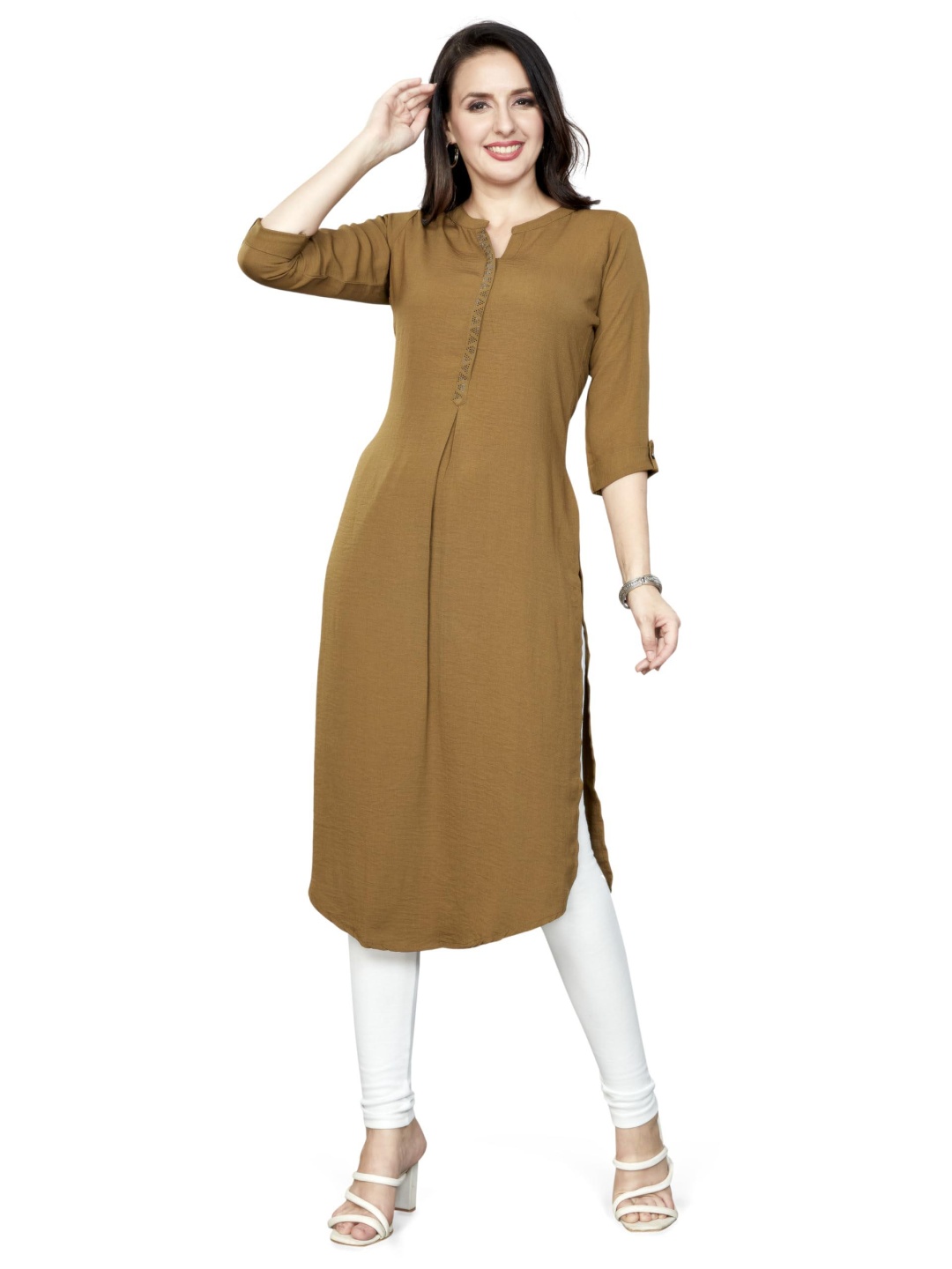 

Nioni Women Patchwork Khadi Kurta, Olive