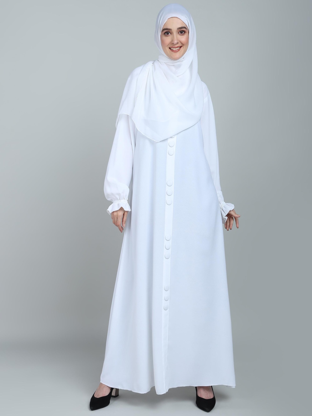 

BROKE BRAND Round Neck Front-Closed With Button Detailing & Puff Sleeves Abaya, White