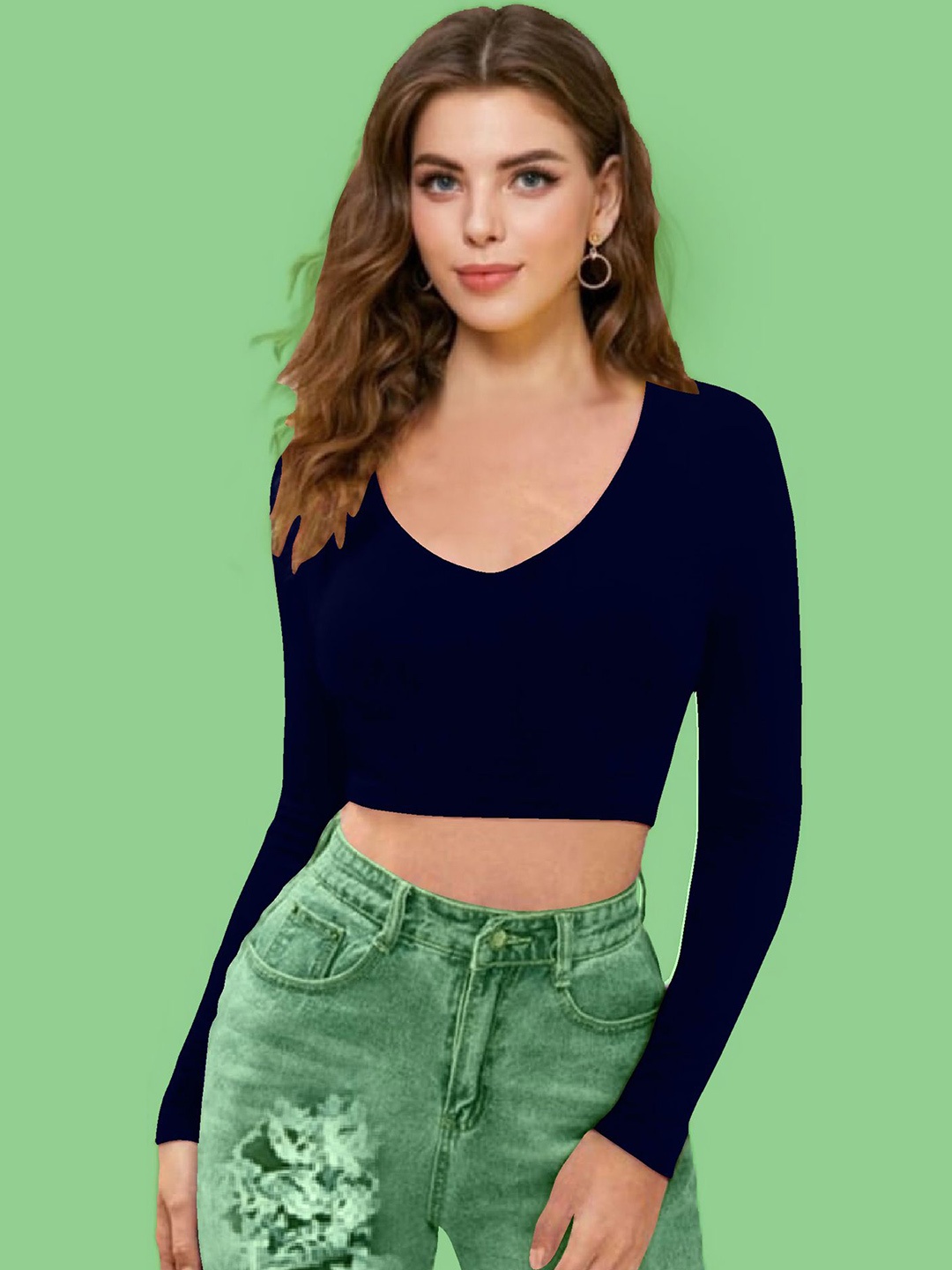 

Dream Beauty Fashion Women V-Neck Long Sleeves Fitted Crop Top, Navy blue