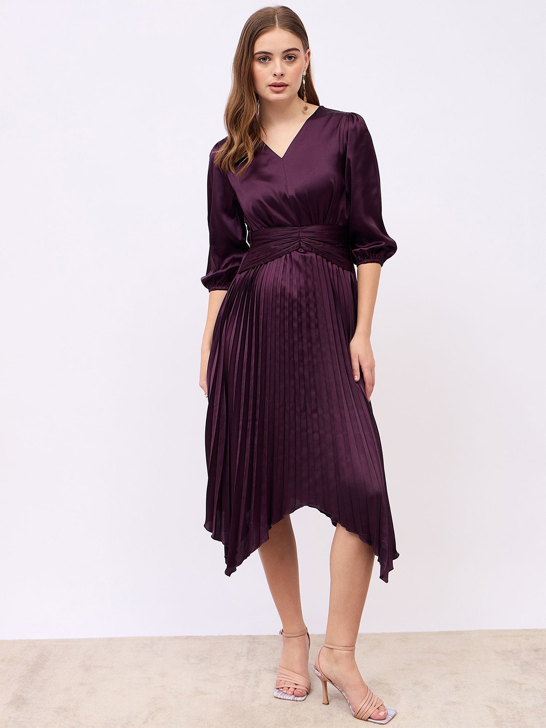 

Styli V-Neck Puff Sleeves Pleated A-Line Midi Dress, Purple