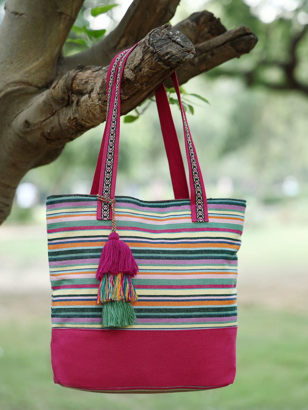 

Anekaant Women Striped Shopper Cotton Tote Bag, Magenta