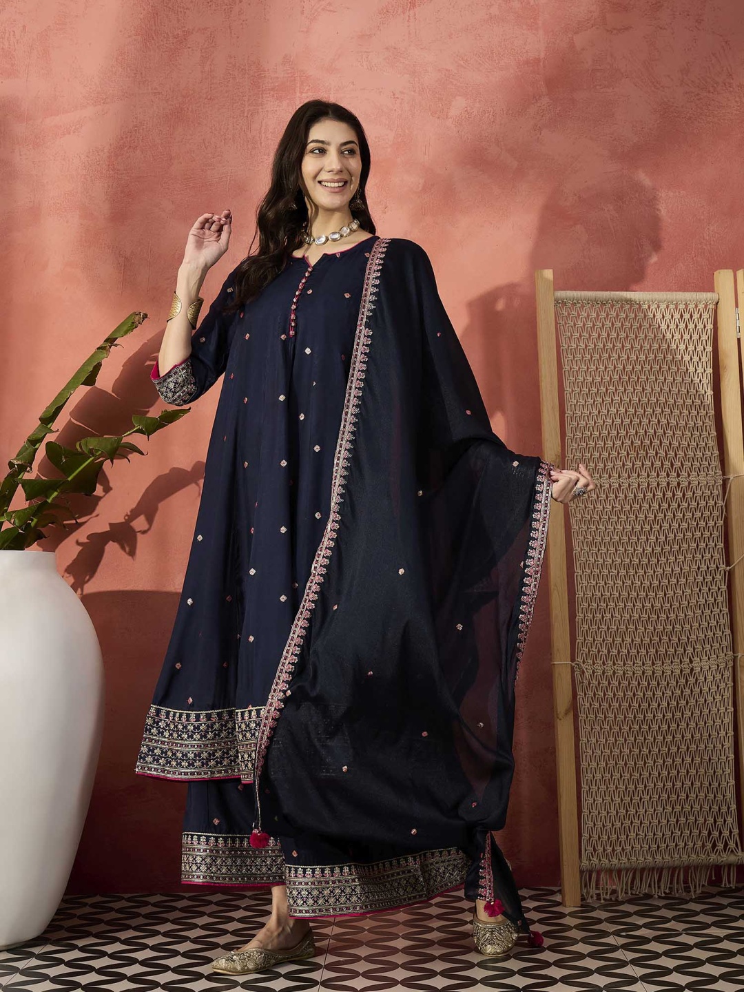 

Ramas Geometric Embroidered Sequinned Anarkali Kurta With Palazzos & Dupatta, Blue