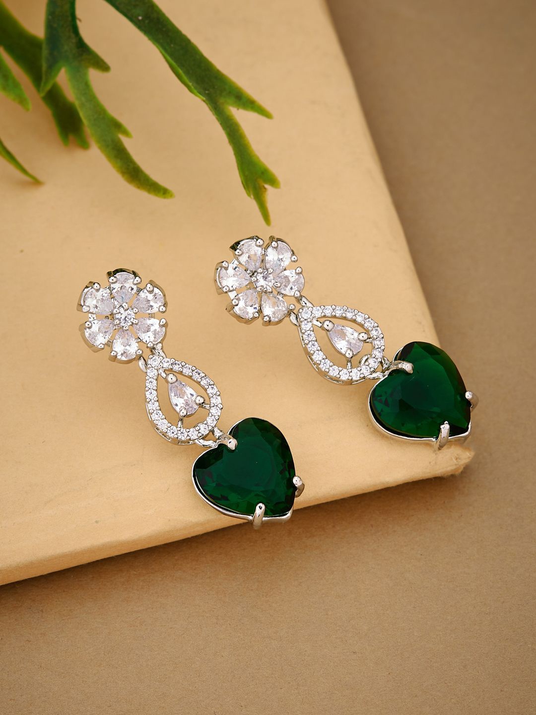 

Atibelle Silver Plated & Green White Cubic Zirconia Stone Studded Dazzling Drop Earrings