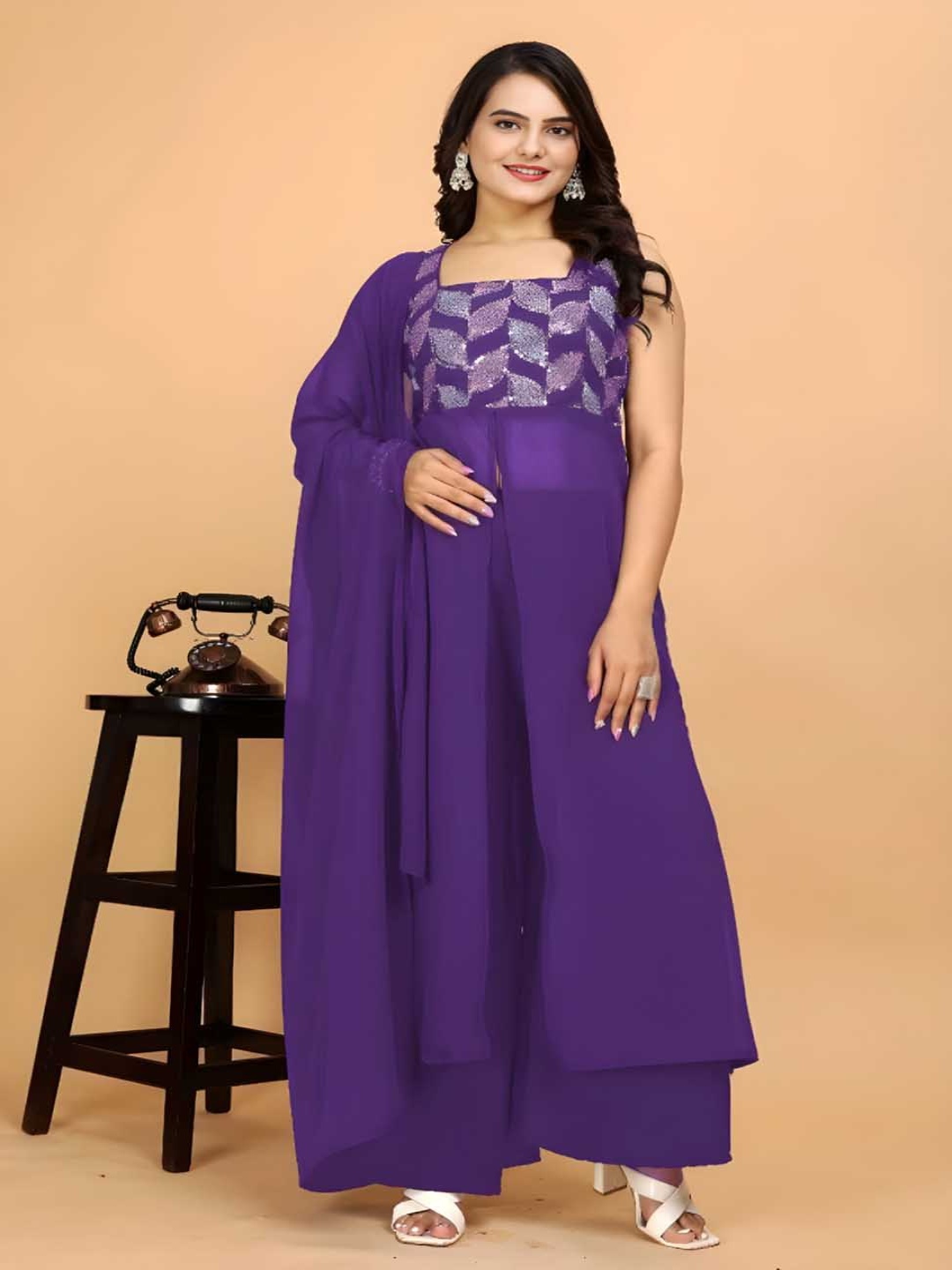 

Maeswag Women Floral Embroidered Regular Sequinned Kurti with Palazzos & With Dupatta, Violet