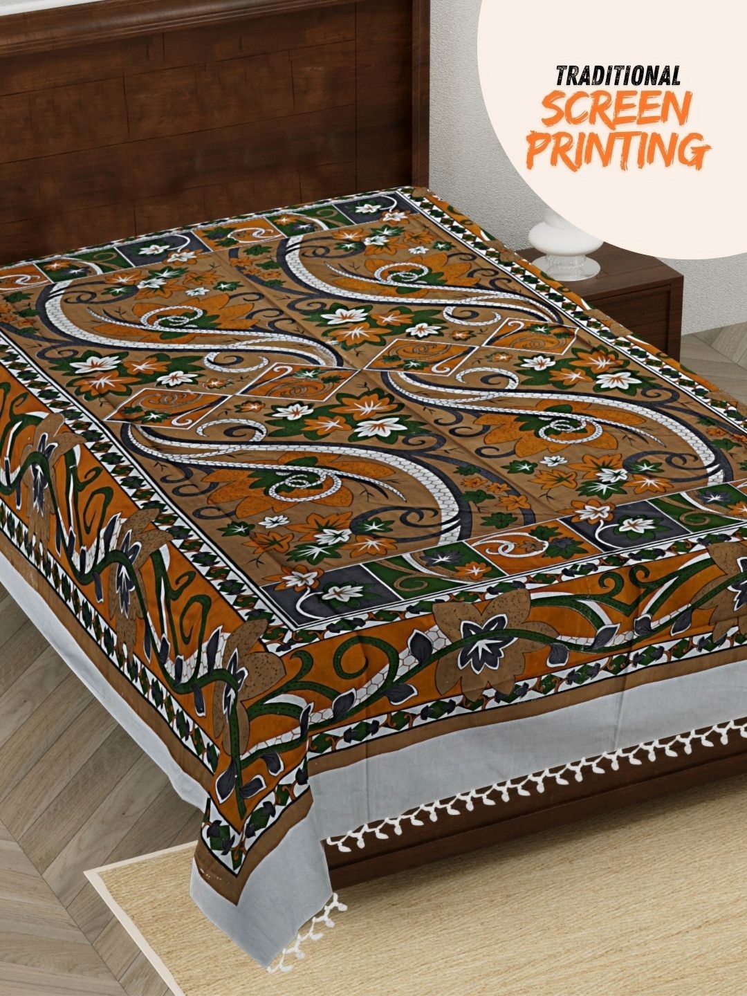

HASHCART Brown & White Floral Printed 210 TC Pure Cotton Single Bedsheet 2.30m x 1.52m