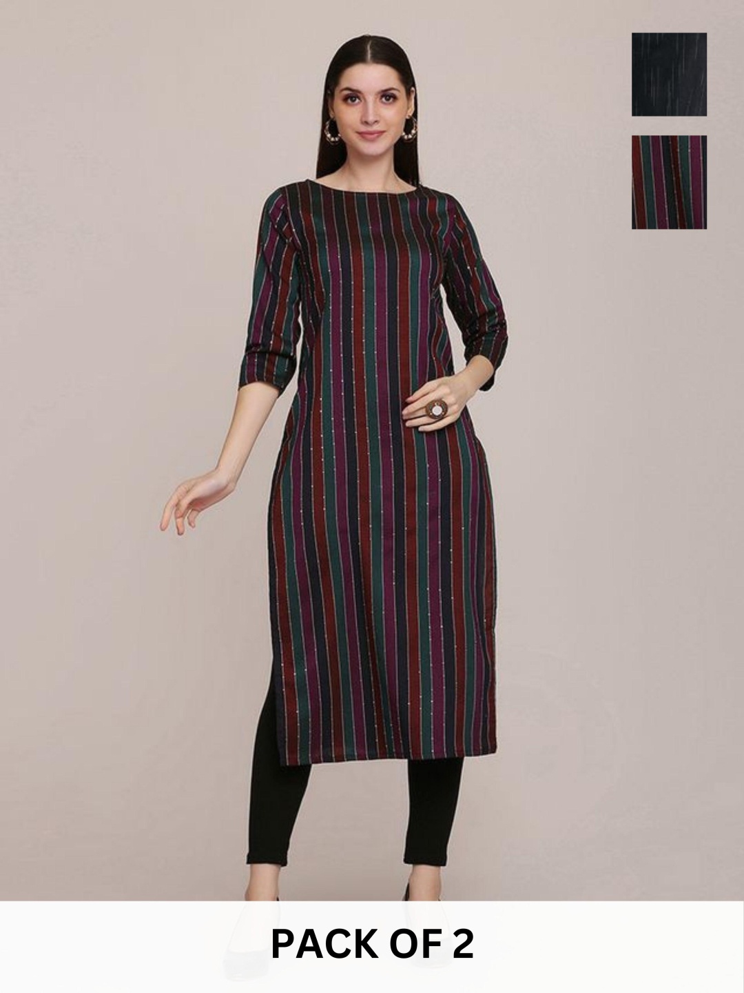 

KALINI Selection Of 2 Striped Round Neck Straight Kurtas, Purple