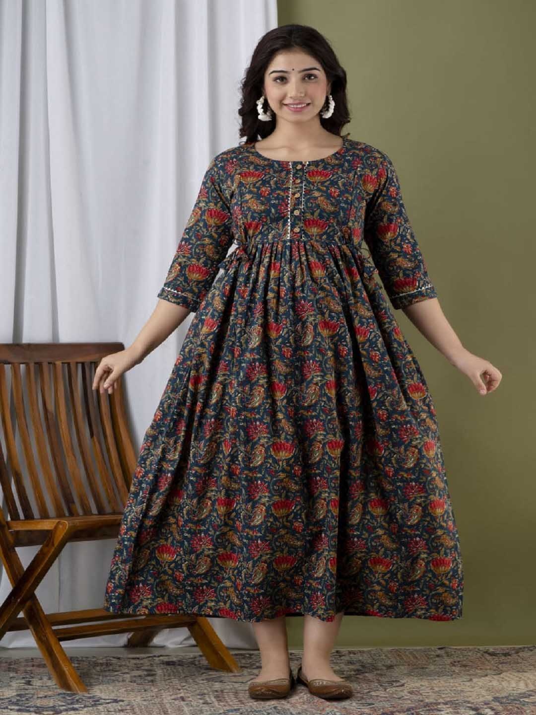 

Nevisha Style Women Floral Printed Thread Work Floral Maternity Anarkali Kurta, Blue