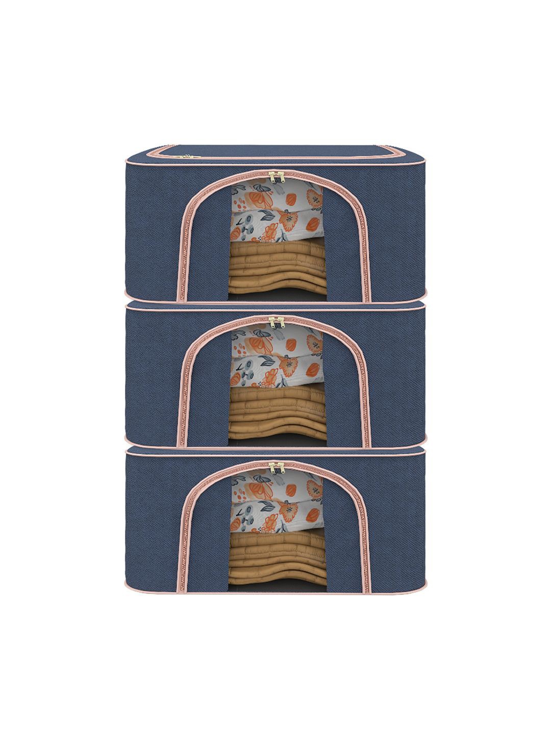 

Kuber Industries Navy Blue 3 Pieces Reusable Foldable Drawer Organisers With Handles 66Ltr