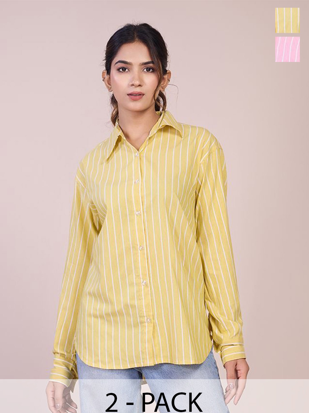 

HOUSE OF MIRA Women Pack Of 2 Classic Oversized Fit Vertical Striped Cotton Casual Shirts, Yellow