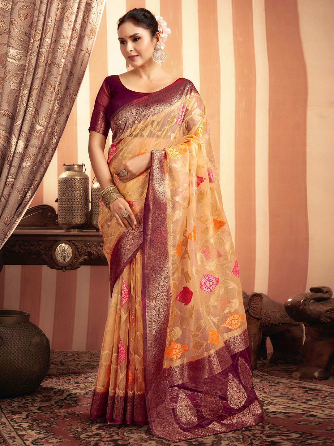 

Satrani Ethnic Motifs Zari Saree, Yellow