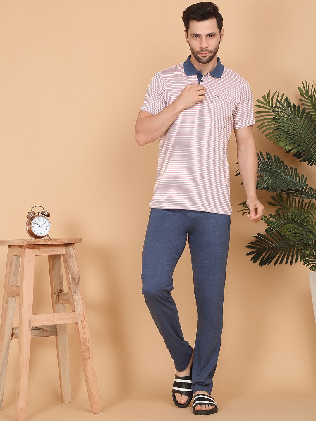 

Sweet Dreams Men Striped Shirt Collar Night suit, Peach