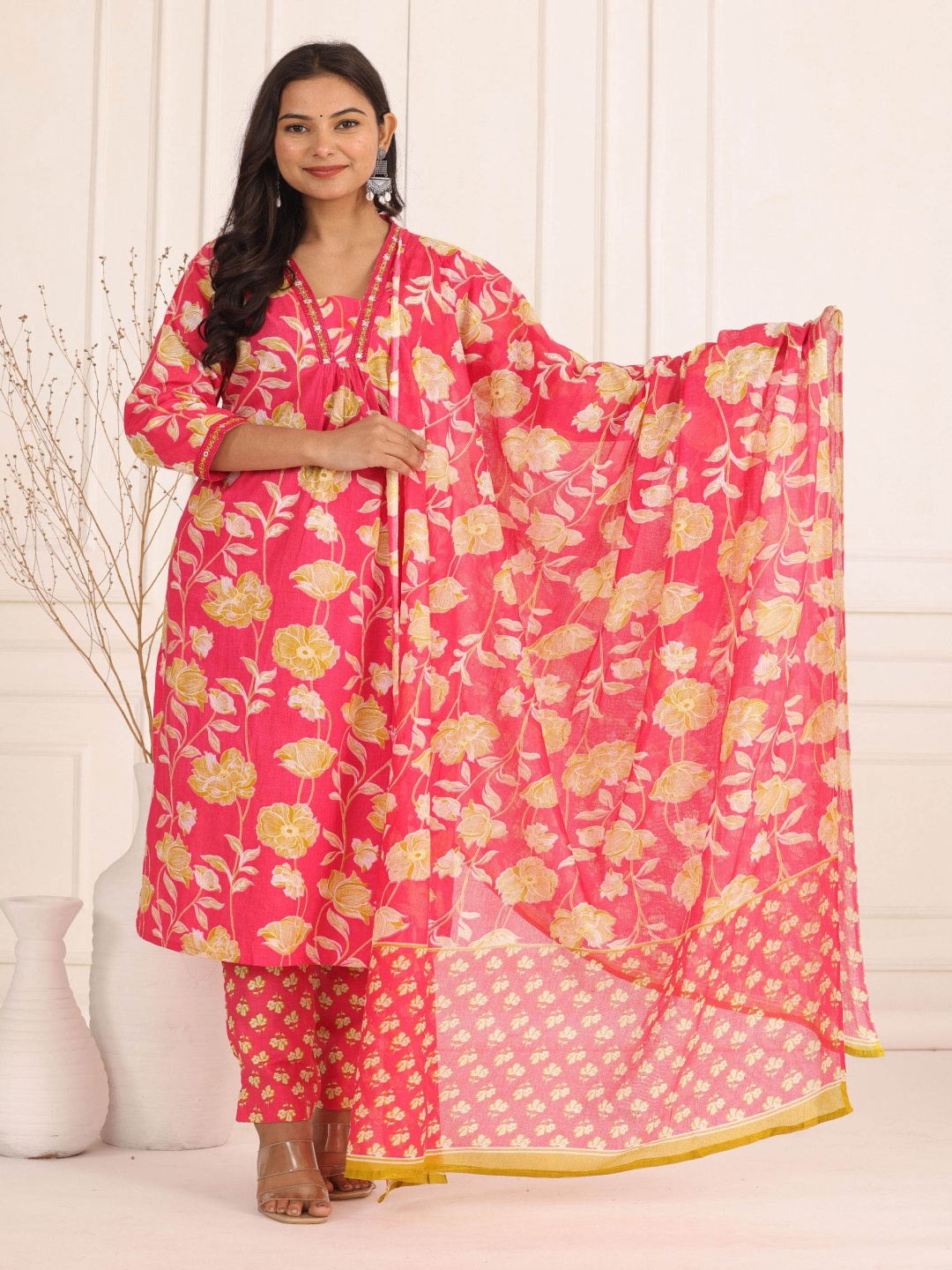 

KALINI Women Floral Printed Regular Pure Cotton Kurta with Trousers & With Dupatta, Pink