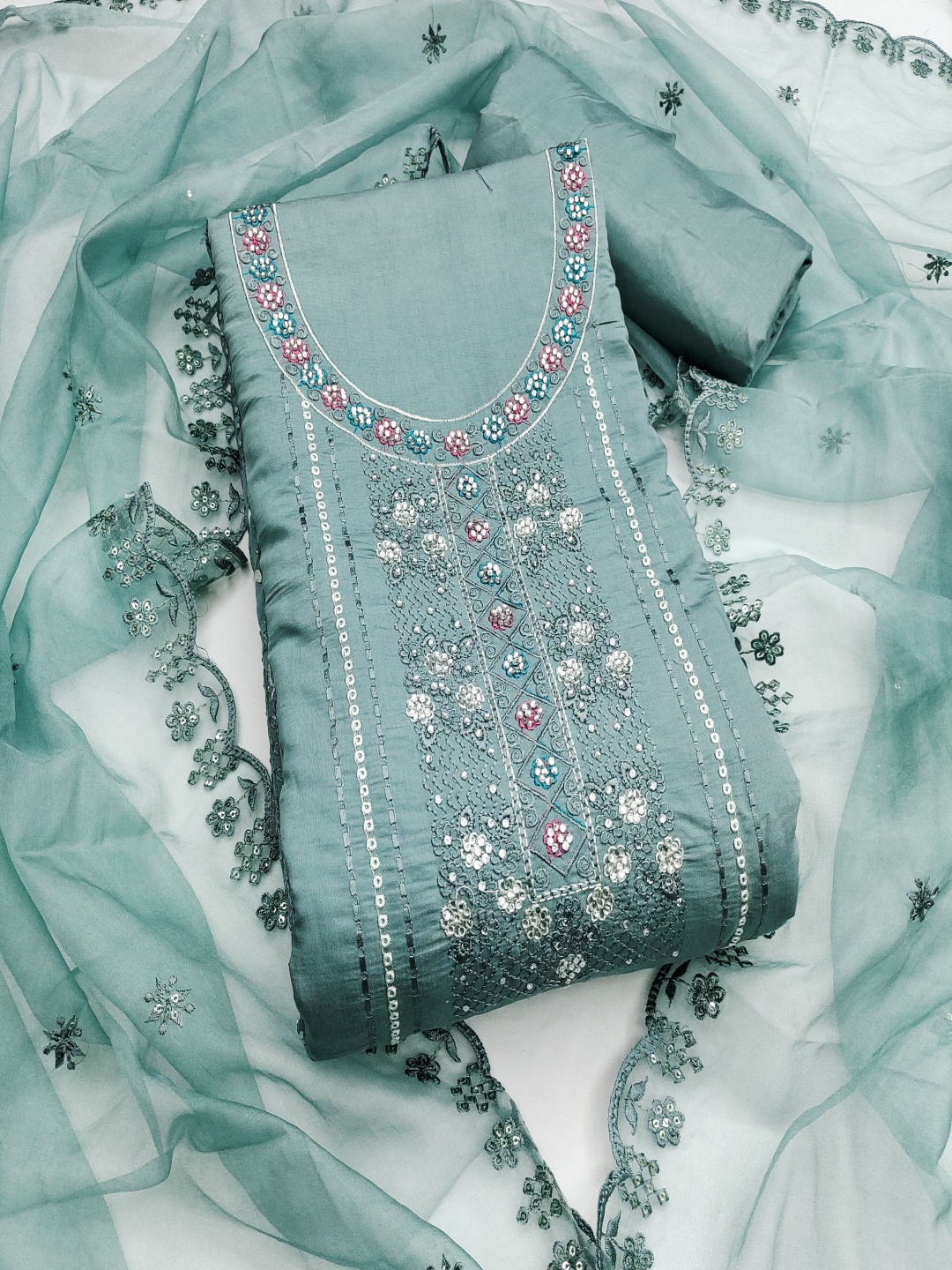 

HERE&NOW Embroidered Unstitched Dress Material, Sea green